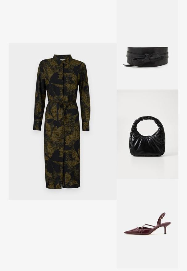 JDY JDYLIZA SHIRT DRESS - Paitamekko - winter moss; Burgundiin kiiltonnahka slingback-kengät terävällä kärjellä, koristeelliset hihnat ja kultaiset yksityiskohdat. 5 cm korkeus. ; Musta pehmeä laukku pyöreällä kahvalla, jossa on sileä, kiiltävä pinta ja pehmeä, vuorattu rakenne. Ei näkyvää metalliosaa tai koristeita.; Musta nahkavyö, jossa on sileä pinta, leveä nauhamuotoilu, etuosassa solmittu yksityiskohta ja yksinkertainen, tyylikäs muoto.