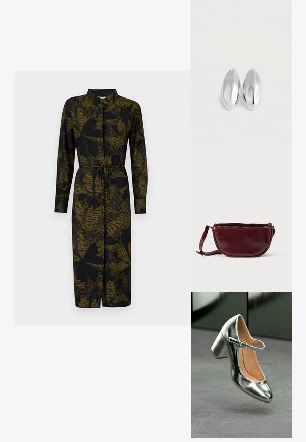 JDY JDYLIZA SHIRT DRESS - Paitamekko - winter moss; Metallinen hopeinen Mary Jane -korkokenkä, jossa on pyöristetty kärki, nilkkaremmi ja lohkokorko. Kenkä on sileäpinnotteinen ja vaaleanruskea sisustus.; Viininpunainen nahkainen käsilaukku, jossa on puolikuun muotoinen muoto, vetoketjullinen suljenta ja irrotettava hihna. Sileä pinta, jossa hienovarainen kiilto.; Kaksi sileää, kiiltäviä hopeanväristä ovaalin muotoista esinettä, jotka on asetettu vierekkäin yksinkertaiselle valkoiselle taustalle.