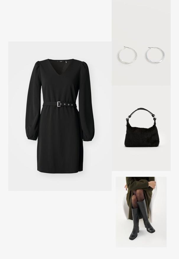 Vestido negro con escote en V y mangas largas abullonadas. Presenta una cintura entallada con un cinturón y hebilla de plata, hecho de un tejido de textura suave.; Botas de cuero negro hasta la rodilla con puntera cuadrada y tacón de bloque, presentadas con un modelo sentado en un abrigo verde oliva. Textura suave, mínimo detalle.; Bolso de mano de piel sintética negra con una textura suave, forma redondeada y una resistente correa de cuero negro para el hombro. Acentos de herrajes plateados visibles.; Pendientes de aro de metal plateado con superficie lisa y ligeramente curvada y cierre de tipo mosquetón sobre un fondo blanco liso.