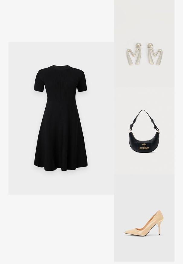 Vestido negro de punto con cuello redondo, mangas cortas, cuerpo acanalado y falda acampanada. Textura suave, sin patrones ni acentos visibles.; Zapato de salón de charol beige con tacón alto, puntera puntiaguda y tacón de aguja delgado, con un pequeño detalle dorado en la parte trasera.; Bolso negro en forma de media luna con asa anudada y placa frontal dorada con el logo "Love Moschino", cierre superior con cremallera.; Par de pendientes de metal plateado con forma de letra M angular y postes redondeados sobre un fondo blanco.