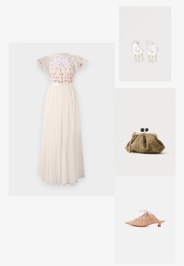 Robe maxi blanche avec un corsage brodé de fleurs, des manches bouffantes et une jupe en tulle texturé à plusieurs couches, ornée de pois.; Mule pour femme en cuir beige avec bout pointu, dessus froncé, lien de serrage et petit talon kitten, sur fond blanc.; Petite pochette avec motif géométrique doré et noir, cadre en métal doré, fermeture à boule noire et une courte chaîne dorée.; Boucles d'oreilles en résine transparente en forme de coquillage avec de petits accents dorés et trois breloques translucides en forme de goutte pendantes sur chaque boucle d'oreille.