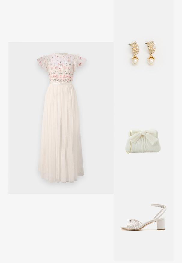 Robe maxi blanche avec un corsage brodé de fleurs, des manches bouffantes et une jupe en tulle texturé à plusieurs couches, ornée de pois.; Sandale à talon bloc en crème avec design de bride torsadée, texture lisse, bride de cheville réglable et bout ouvert.; Sac à main plissé blanc avec un nœud proéminent et une chaîne dorée. Texture douce avec un design froncé à l'avant.; Boucles d'oreilles dorées avec un design floral, accentuées de perles et d'une plus grande perle pendante. Embellies de petits cristaux transparents.