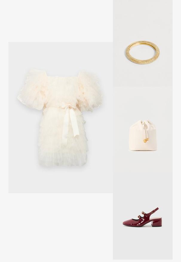Ida Sjöstedt EXCLUSIVE CRYSTAL DRESS - Kokteilikleit/peokleit - ivory; Punane lakknahast tagasihoidlik king, ruudukujulise ninaga, kahe reguleeritava haakstrapiga ja paksu kantiga. Sile tekstuur läikiva viimistlusega.; Väike valkjashall nahast tõmblukuga kott kuldsete helmeste kaunistustega nööridel, seisab ühetaustalise hele taustaga.; Yvonne Leon MINI ALLIANCE PAILLETEE - Sõrmus - gold-coloured
