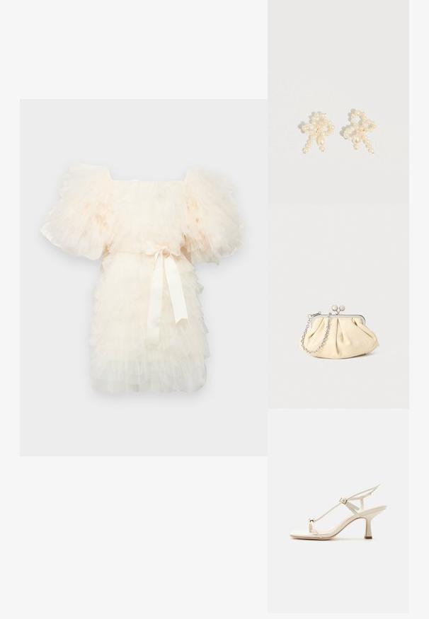 Ida Sjöstedt EXCLUSIVE CRYSTAL DRESS - Kokteilikleit/peokleit - ivory; Beežid kõrge kontsaga sandaalid, millel on õhukesed rihmad, reguleeritav pandlaga kinnistus, varbaringi detail ja kitseneva kujuga plokkkonts tasasel pinnal.; Kortsus beežist nahast kotike, millel on hõbedane metallraam, kaunistatud kahe ümmarguse dekoratiivse lukuga ja hõbedase ketispideme. ; Pärlikõrvarõngad, mis on kauni kujundusega, sisaldades väikeste ja keskmise suurusega pärlite segu, kreemikat värvi ja lipsukujulist vormi.