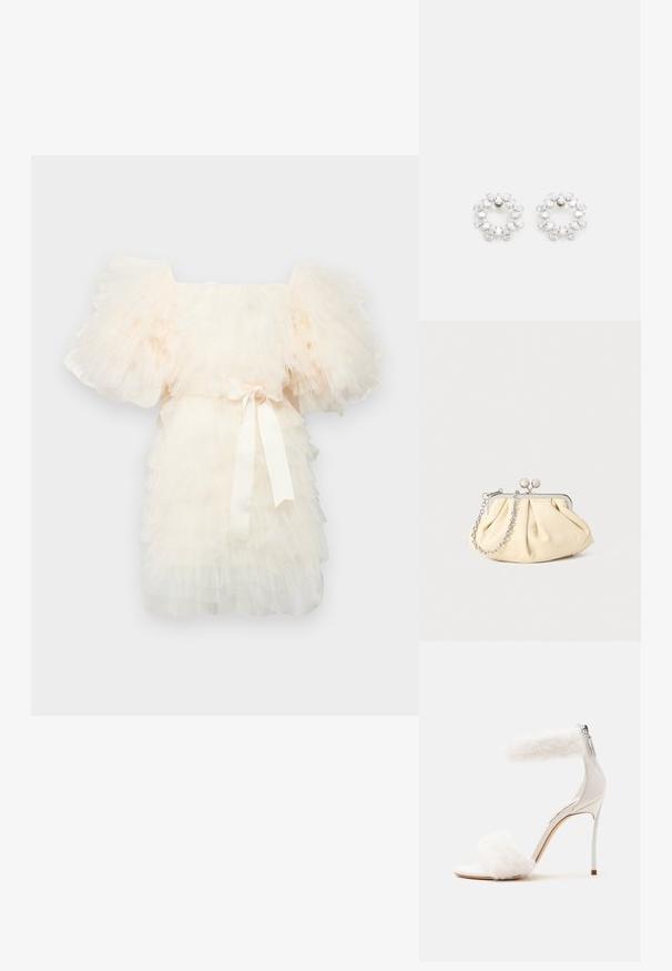 Ida Sjöstedt EXCLUSIVE CRYSTAL DRESS - Cocktailkjole / festkjole - ivory; Hvid højhælet sandal med tynd stilethæl, bløde pelsremme over tåen og anklen samt lynlås bagpå.; Plisseret beige læderclutch med en sølvmetalramme, der har to runde dekorative låse og en sølvkædetrasporte.; Cirkulære øreringe lavet af metal, prydet med flere klare, facetterede sten arrangeret i et funkende mønster. Farveløse og reflekterende.