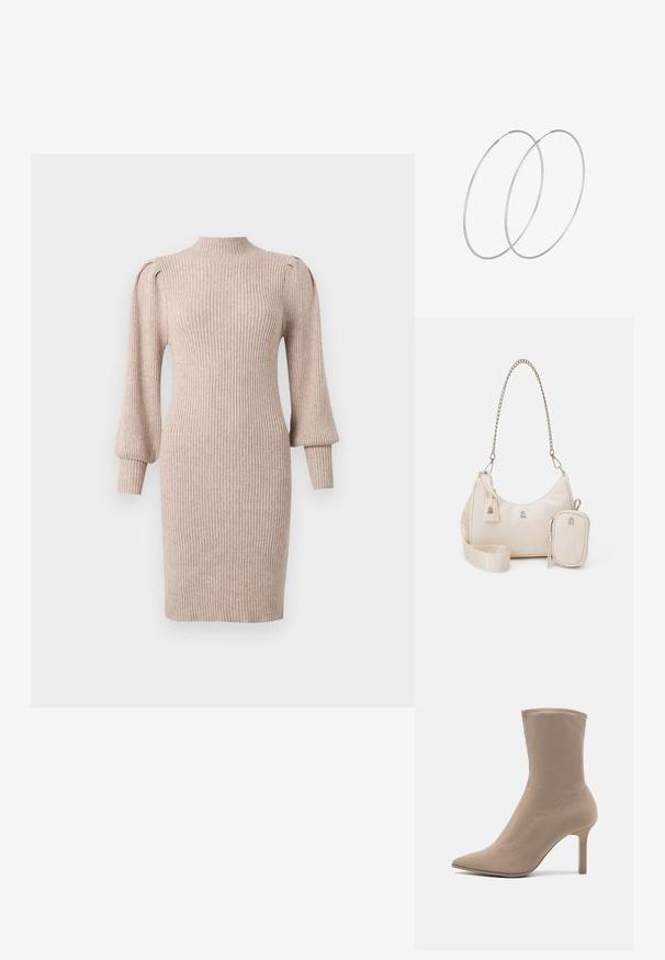 Robe pull beige en maille côtelée avec manches longues bouffantes et col montant, silhouette près du corps et poignets retroussés.; Call it Spring CIEL - Bottines à talons hauts - other grey; Sac à main en cuir beige avec une forme courbée, une bandoulière en chaîne, quincaillerie en argent et une petite pochette amovible. Bandoulière texturée avec un motif de logo.; Boucles d'oreilles en argent au design minimaliste. Forme circulaire, texture lisse et profil fin. Légères avec une finition polie.