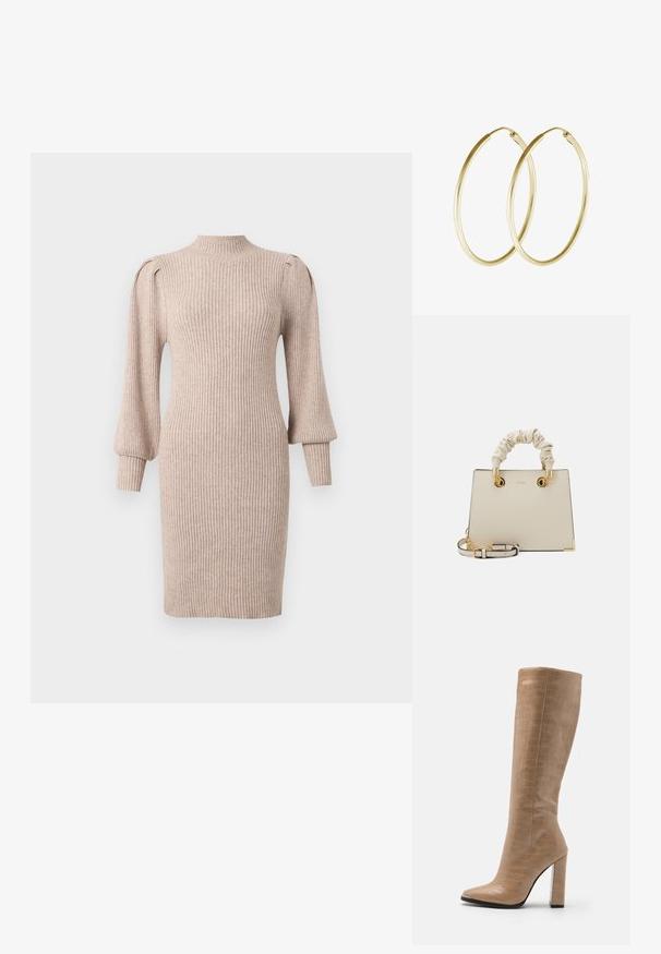 Robe pull beige en maille côtelée avec manches longues bouffantes et col montant, silhouette près du corps et poignets retroussés.; RAID JOCELYN - Bottes - nude; ALDO BILITHA - Sac à main - bone/gold-coloured; Boucles d'oreilles en or en forme de cerceau, présentant un design lisse et rond avec une finition brillante. Construction légère avec un fermoir sécurisé.