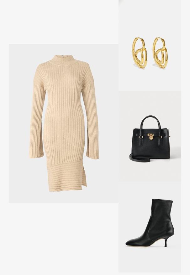 Beige ribbet strikkjole med en mock neck, lange ærmer med en løs pasform og en sideslids ved kanten, der viser et struktureret design.; Sort læderankelstøvle med spids tå og slank mellemhøj hæl, vist i profil på en lys baggrund.; Sort tekstureret læderhåndtaske med to håndtag, gyldent låsedetalje og en aftagelig skulderrem på en ensfarvet lys baggrund.; Guldøreringe med sammenflettede former, udstyret med en poleret finish og glat tekstur, designet med et moderne kædemotiv.
