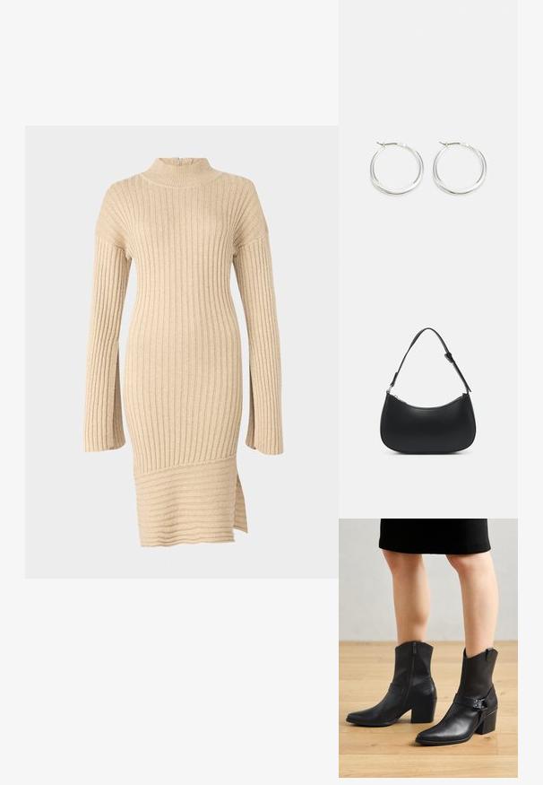 Beige ribbet strikkjole med en mock neck, lange ærmer med en løs pasform og en sideslids ved kanten, der viser et struktureret design.; Sorte læder ankelstøvler med spids tå, lynlås lukning, buet hæl og en dekorativ rem med metal detaljer.; Pieces PCALUANA SHOULDER BAG - Håndtasker - black; Sølv hoops øreringe har et glat, afrundet design med en slank profil og sikker spænde. Minimalistisk stil med en poleret finish.