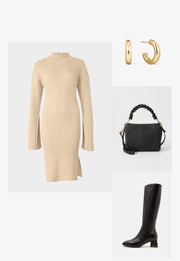 Beige ribbet strikkjole med en mock neck, lange ærmer med en løs pasform og en sideslids ved kanten, der viser et struktureret design.; Sort knæhøj læderstøvle med lav blokhæl med guldkant og lille guldlogo på ydersiden nær hælen.; Sort læder håndtaske med tekstureret overflade, flettet toprem og guld hardware detaljer. Inklusive justerbar skulderrem.; Guld hoops-øreringe med en glat, skinnende finish, der har et afrundet, buet design. Inkluderer en stift for sikker bæring.