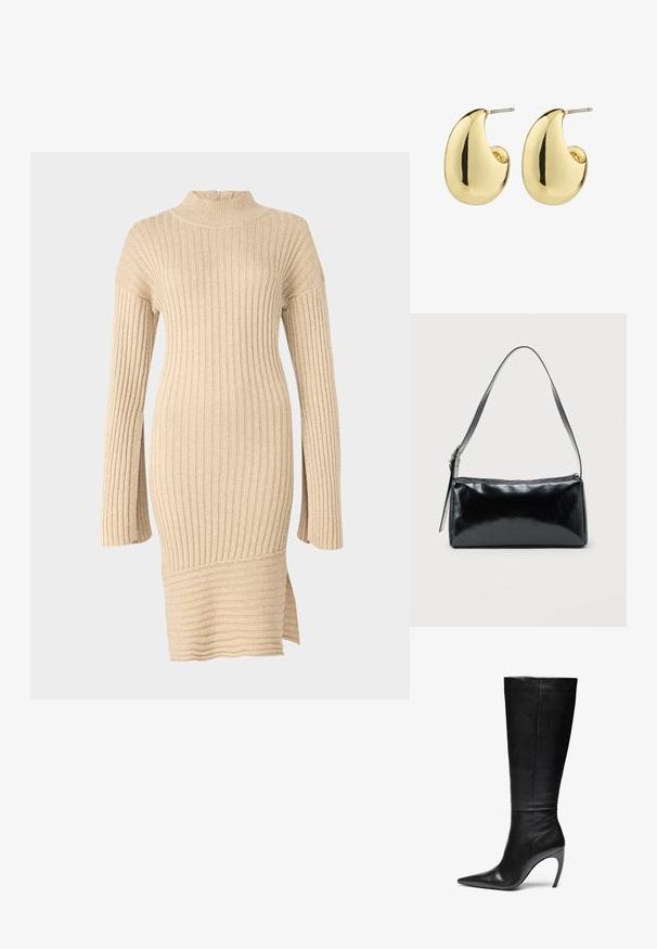 Vestido de punto acanalado beige con cuello simulado, mangas largas de corte relajado y abertura lateral en el dobladillo, que muestra un diseño texturizado.; Bota alta de cuero negro hasta la rodilla con punta afilada y alto tacón de aguja; textura elegante y suave con costuras sutiles y sin hardware visible.; Bolso de hombro rectangular negro con una correa ajustable y un cierre de cremallera superior sobre un fondo liso.; Pendientes de stud en tono dorado con una superficie suave y pulida, que presentan una forma abstracta en forma de lágrima. Hardware de metal simple para la sujeción.