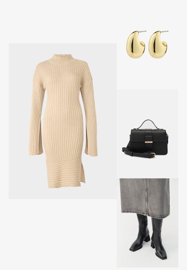 Vestido de punto acanalado beige con cuello simulado, mangas largas de corte relajado y abertura lateral en el dobladillo, que muestra un diseño texturizado.; Botas negras hasta la rodilla de cuero liso con punta cuadrada y tacón cuadrado. Llevadas con una falda de mezclilla gris con dobladillo desflecado.; Bolso de mano de cuero negro con acentos metálicos dorados, forma rectangular, cierre con solapa, correa de hombro ajustable, textura suave, diseño minimalista.; Pendientes de stud en tono dorado con una superficie suave y pulida, que presentan una forma abstracta en forma de lágrima. Hardware de metal simple para la sujeción.