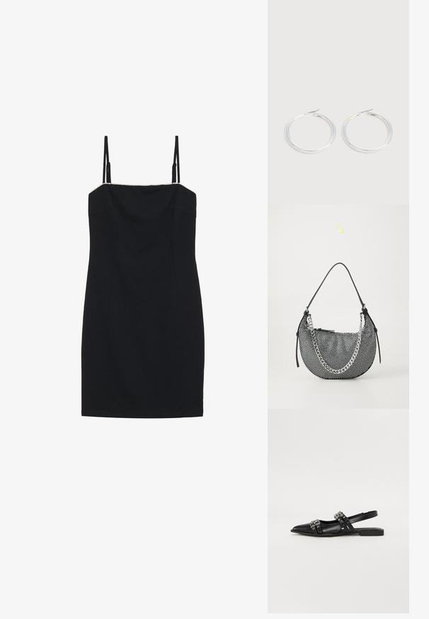 Zwart mini-jurk met dunne spaghettibandjes en een rechte halslijn. Heeft een aansluitende pasvorm en een geprofileerde rand langs de halslijn.; Even&Odd by Zalando Slingback ballerina´s - black; Zwarte mesh handtas met een maansvorm, voorzien van een zilveren kettingband en zwarte leren accenten. Getextureerd oppervlak met een ritssluiting.; Een paar glanzende zilveren oorringen met dunne draadafsluitingen, getoond op een lichtgrijze achtergrond.