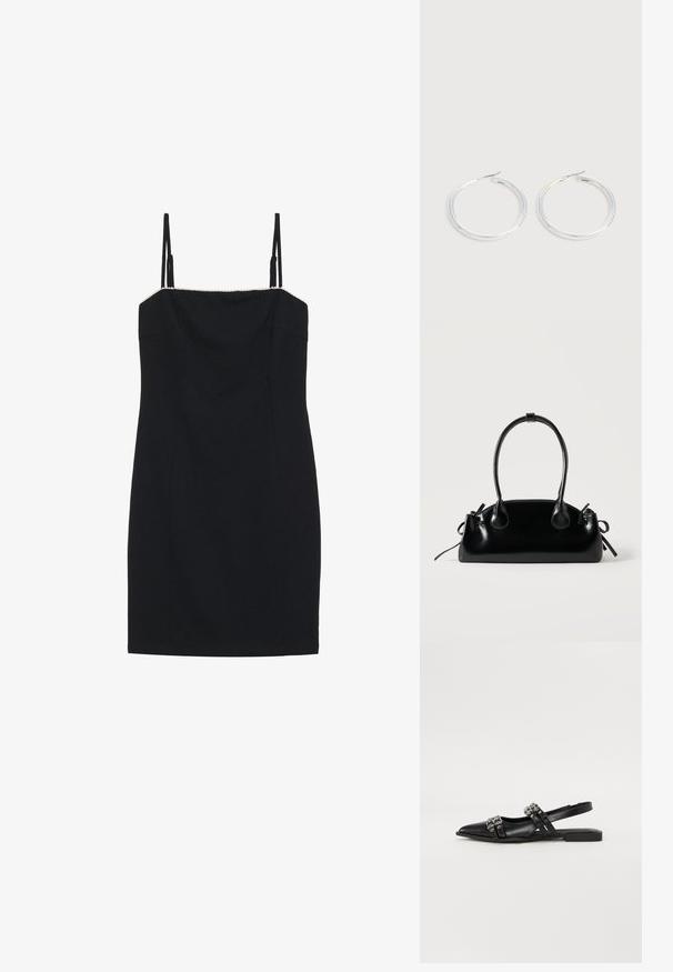 Sort minikjole med tynde stropper og en lige halsudskæring. Har en tætsiddende silhuet og en struktureret kant langs halsudskæringen.; Even&Odd by Zalando Slingback-ballerinasko - black; Lille sort blank håndtaske med to lange håndtag og snøre-detaljer i siden på en ensfarvet lys baggrund.; Par skinnende sølvøreringe med tynde trådlåse, vist på en lys grå baggrund.