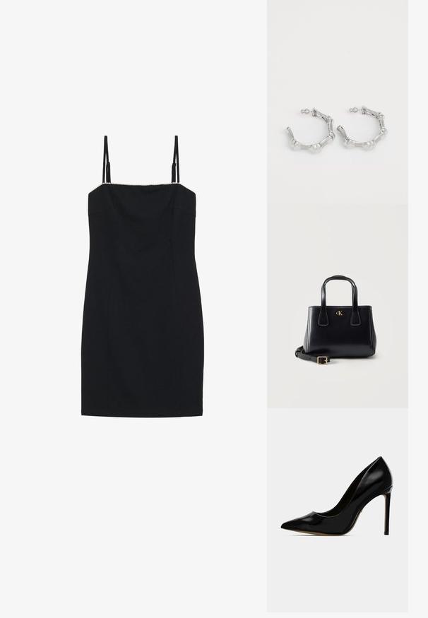 Schwarzes Mini-Kleid mit dünnen Trägern und geradem Ausschnitt. Es hat eine taillierte Silhouette und einen strukturierten Saum entlang des Ausschnitts.; Schwarze Lackleder-Pumps mit hohem Absatz und spitzer Zehe, mit einem eleganten Design, 4-Zoll-Stiletto-Absatz und glatter, glänzender Oberfläche.; Schwarze Lederhandtasche mit doppelten Griffen, goldenem "cK" Logo vorne und abnehmbarem Schulterriemen mit goldener Schnalle auf einfarbigem Hintergrund.; Silberne Creolen mit einem strukturierten, unregelmäßigen Design. Hergestellt aus Metall, verfügen sie über einen sicheren Postverschluss und ein glänzendes Finish.