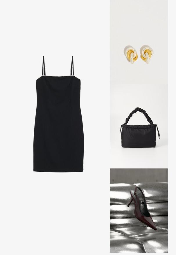 Zwart mini-jurk met dunne spaghettibandjes en een rechte halslijn. Heeft een aansluitende pasvorm en een geprofileerde rand langs de halslijn.; Donkerrode slingback hoge hak schoen met puntige neus, rustend op een glanzend metalen zilverkleurig gevoerd oppervlak.; Zwarte tas gemaakt van zacht, gladde stof. Beschikt over een geplooide handgreep en een trekkoordsluiting, met een rechthoekige vorm en geen zichtbare hardware.; Oorbellen in goud- en zilvertinten met verweven cirkelvormen en een gladde metalen afwerking. Lichtgewicht ontwerp, geschikt voor dagelijks gebruik.