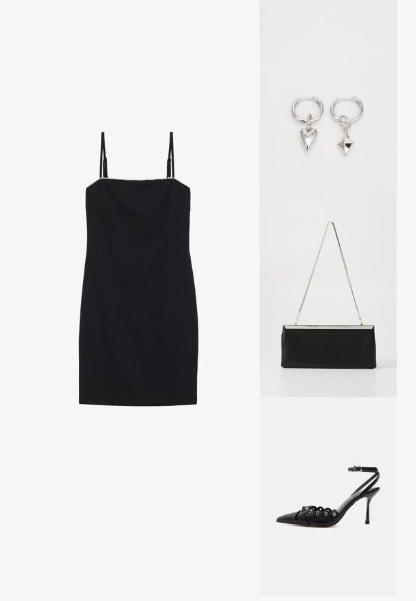 Schwarzes Mini-Kleid mit dünnen Trägern und geradem Ausschnitt. Es hat eine taillierte Silhouette und einen strukturierten Saum entlang des Ausschnitts.; Schwarzer, spitzer High-Heel-Schuh mit geschwungenen Kanten, Metallösen, Schnürung vorne und Knöchelriemen mit Schnallverschluss.; Schwarze Leder-Clutch mit einem silbernen Metallkette-Griff und einer eleganten rechteckigen Form. Mattes Finish und minimalistisches Design mit einem metallischen Akzent.; Silberne Creolen mit einem Herz- und einem diamantförmigen Anhänger. Glatte Textur mit polierter Oberfläche.
