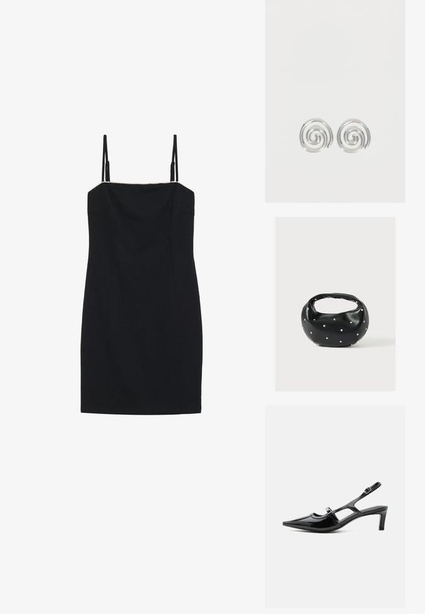 Robe mini noire à fines bretelles et décolleté droit. Présente une silhouette ajustée et un bord texturé le long du décolleté.; Chaussure slingback en cuir verni noir à bout pointu, petit talon et deux brides réglables avec boucles, vue de profil latéral.; Sac à main en cuir noir de forme arrondie, décoré de clous argentés et équipé d'une poignée courte. Texture lisse et fermeture éclair.; Paire de boucles d'oreilles en forme d'anneau spirale en argent avec un design lisse et arrondi sur fond blanc uni.