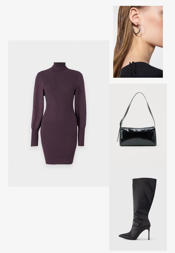 Sünnitud kõrge kaelusega kleit sügavas lilas, millel on ribakujuline tekstuur, slim-fit lõige ja pikad varrukad, millel on toestatud mansetid. Sile kangas, minimaalne detailide arv.; Mustad põlvekõrgused terava ninaga kontsakingad, mis on valmistatud siledast ja läikivast materjalist; kitsas sobivus ning kerge voltimise efekt pahkluu ümber; sädelev konts.; Must ristkülikukujuline õlakott ühe reguleeritava rihmaga ja ülemise tõmblukuga, ühtlase taustaga.; Hõbedane rõngas kõrvarõngas poleeritud viimistlusega, millel on väikesed kuldsed aktsendid ja ümmargune kuju, kantud lobus.