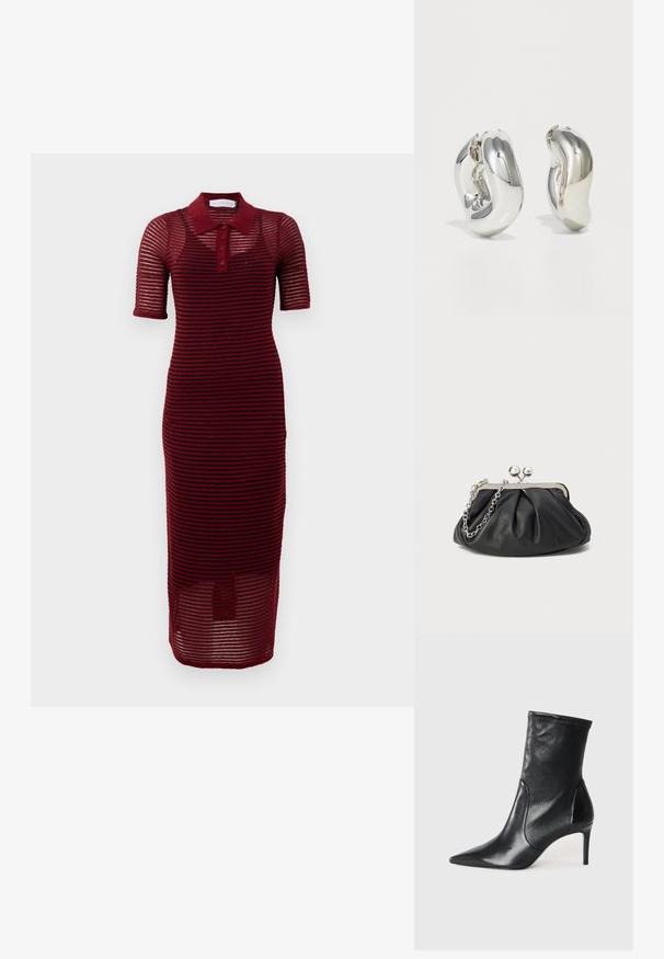 Bordeaux Polo-Kleid mit kurzen Ärmeln, ausgestattet mit einem gestreiften Design, Knopfleiste und mittellanger Länge, aus leichtem Stoff gefertigt.; Schwarze Stiefeletten aus glattem Leder, mit einer spitzen Zehe, schmalem Schaft und schlanker, hoher Ferse. Minimalistisches Design ohne sichtbare Beschläge.; Schwarze Leder-Clutch mit geraffter Textur, silberfarbener Metallrahmen, Druckverschluss und Kettenriemen. Glatte, weiche Oberfläche.; Silberne skulpturale Ohrringe mit glatten, geschwungenen Formen und reflektierenden Oberflächen. Sie verfügen über ein geschlossenes Ringdesign und eine ausgeprägte organische Form.