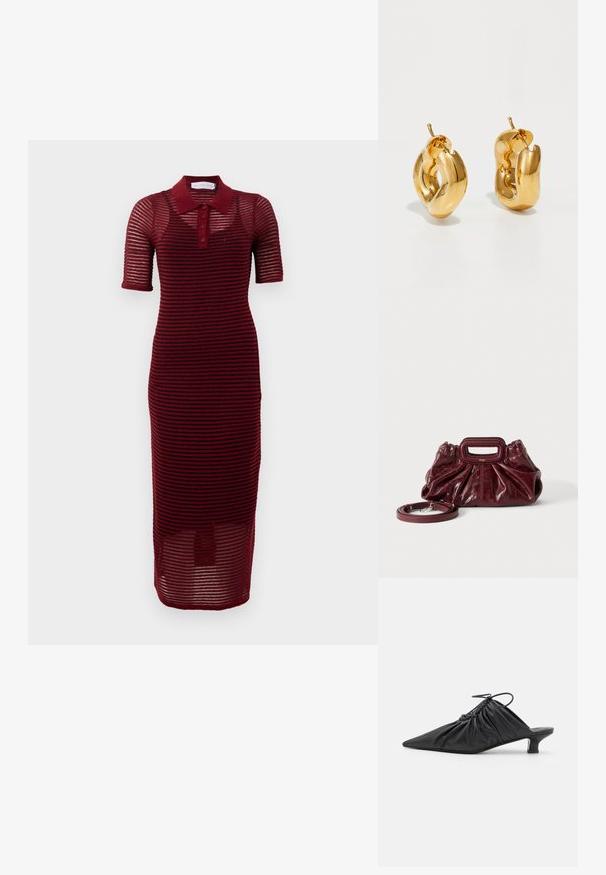 Bordeaux Polo-Kleid mit kurzen Ärmeln, ausgestattet mit einem gestreiften Design, Knopfleiste und mittellanger Länge, aus leichtem Stoff gefertigt.; Schwarze Leder-Mules zum Hineinschlüpfen mit spitzer Zehe, geraffter Textur und kleinem Kitten-Heel. Verfügt über ein Zugbanddetail am Öffnung.; Kleine dunkelrote Ledertasche mit geraffter Textur, rechteckigem Handgriff mit Ausschnitt und abnehmbarem Schulterriemen auf weißem Hintergrund.; Fette goldene Creolen mit einem leicht verdrehten, röhrenförmigen Design und Steckverschlüssen auf einem weißen Hintergrund.