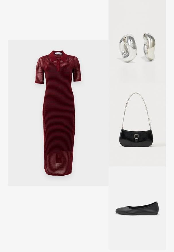 Bordeaux Polo-Kleid mit kurzen Ärmeln, ausgestattet mit einem gestreiften Design, Knopfleiste und mittellanger Länge, aus leichtem Stoff gefertigt.; Schwarze Leder-Ballettschuhe mit abgerundeter Spitze, glatter Textur, minimalen Nähdetails und einem flexiblen Sohlen-Design.; Schwarze Schultertasche aus Lackleder mit silberner Schnalle und silbernem Kettenriemen, auf hellem einfarbigen Hintergrund präsentiert.; Silberne skulpturale Ohrringe mit glatten, geschwungenen Formen und reflektierenden Oberflächen. Sie verfügen über ein geschlossenes Ringdesign und eine ausgeprägte organische Form.