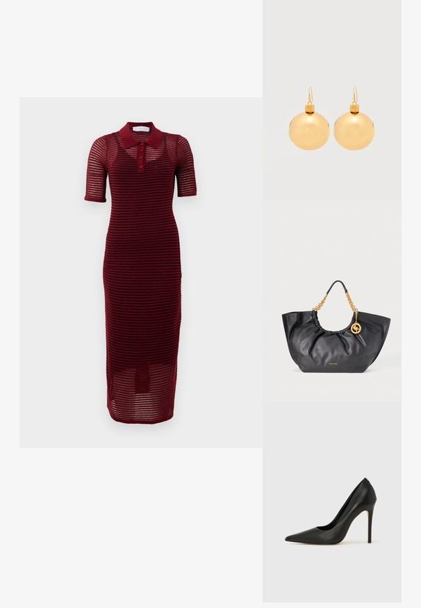 Burgundia värvi polo’id dress, lühikeste varrukatega, triibulise disainiga, nööpide ridadega ning midi pikkuses, valmistatud kerge kangaga.; Must nahast kõrge kontsaga king, millel on terav nina, siledapinnaline ja elegantne disain. Omab saledat stiletto kontsa ja avatud külgi.; Mustast pehmest nahast käekott kuldsete ketiajadega, riputatava kulla MK ripatsiga ja väikese kuldse "Michael Kors" logoga esiküljel.; Paari säravaid kuldseid jõulukuulikutest kõrvarõngaid konkskinnitustega tavalise valge taustaga.