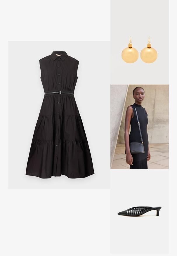 Robe midi noire sans manches avec fermeture à boutons sur le devant, jupe à volants, col pointu et ceinture noire fine à la taille.; Mule en cuir noir avec bout pointu, design découpé à brides et petit talon kitten sur fond blanc.; Jeune femme en robe noire sans manches portant un sac bandoulière en cuir noir, debout contre un mur en béton clair.; Paire de boucles d'oreilles boule de Noël dorées brillantes avec fermoirs à crochet sur fond blanc uni.