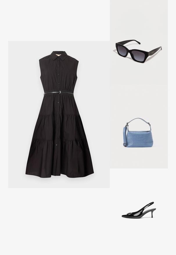 Robe midi noire sans manches avec fermeture à boutons sur le devant, jupe à volants, col pointu et ceinture noire fine à la taille.; Escarpins slingback en cuir verni noir avec un bout pointu et une finition brillante. Présente un talon fin et un accent arrondi au dessus du pied.; Lunettes de soleil œil de chat noires avec des verres dégradés foncés et un logo Coach en or sur la branche, sur un fond blanc uni.; Sac à main bleu clair embossé façon crocodile avec une poignée courte et une bandoulière amovible. Texture lisse avec une fermeture éclair.