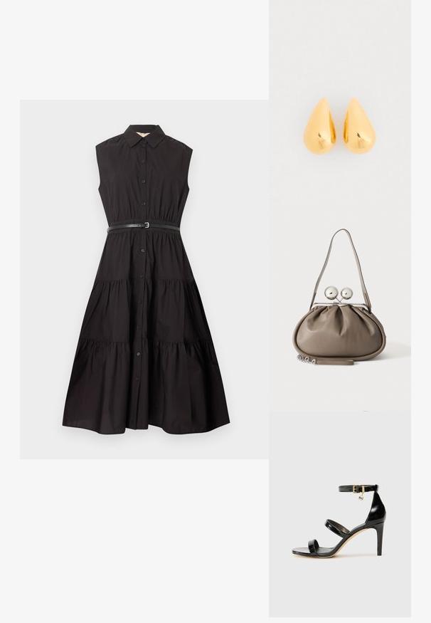 Robe midi noire sans manches avec fermeture à boutons sur le devant, jupe à volants, col pointu et ceinture noire fine à la taille.; Sandale en cuir verni noir avec trois brides, boucle de cheville et talon aiguille de 10 cm. Présente un détail en métal doré et un charm logo.; Sac à main en cuir gris de forme arrondie, fermeture supérieure avec deux grandes sphères argentées, et une seule anse.; Boucles d'oreilles en or en forme de goutte avec une surface lisse et polie et des fonds arrondis, reflétant la lumière avec une finition brillante.