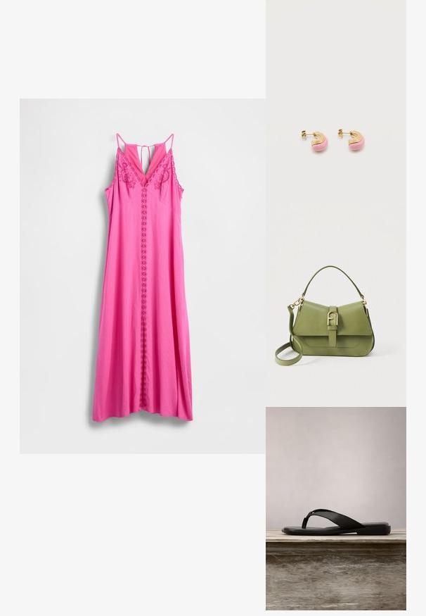 Roze mouwloze jurk met V-hals, voorzien van bloemrijke borduursels en een centrale rij lussen. Glad stof, lange, vloeiende silhouet.; Zwarte teenslipper met een platte zool en dunne bandjes. Gemaakt van glad rubber, met een minimalistisch ontwerp. Eenvoudige branding op de binnenzool.; Groene leren crossbodytas met een gestructureerd ontwerp, gouden beslag, overslagklep en verstelbare riem. Heeft een centrale gespdetail.; Gouden en roze oorknopjes in de vorm van een halve maan met achterkanten met pin, op een witte achtergrond.