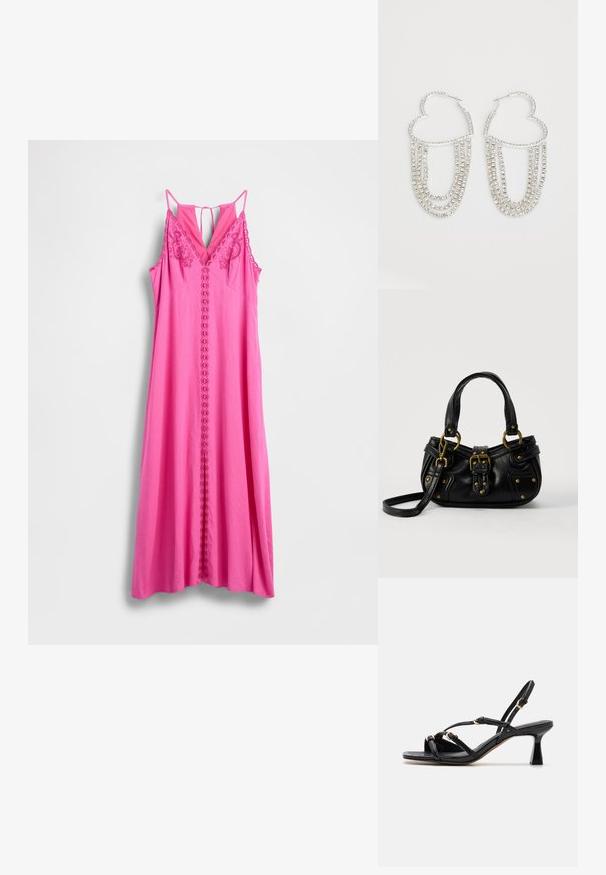 Robe rose sans manches avec un décolleté en V, ornée de broderies florales et d'une rangée centrale de boucles. Tissu lisse, silhouette longue et fluide.; Call it Spring DIANAH - Sandales - black; Sac à main en cuir noir avec boucle dorée et détails à rivets, poignées courtes et bandoulière réglable sur fond blanc uni.; Boucles d'oreilles en argent en forme de cœur, ornées de fils tombants de strass transparents pour plus d'éclat et de texture.