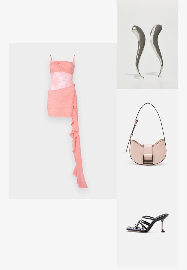 Roze cocktailjurk met een aansluitend lijfje met plooiing, kantaccenten, spaghetisbandjes en een gedrapeerde ruches aan één kant.; Zwarte sandaal met hoge hak en bandjes, met een vierkante neus en een dunne naaldhak, voorzien van overlappende bandjes en een knoopdetail op het bovenwerk.; Kleine, gebogen roze leren handtas met een glanzende afwerking, voorzien van een zwarte accentriem en een grote zwarte sluiting. Crossbody ontwerp.; Metalen zilveren oorbellen met een slanke, langwerpige vorm, voorzien van een gladde oppervlakte en een gebogen ontwerp dat naar een puntige uiteinde toeloopt.