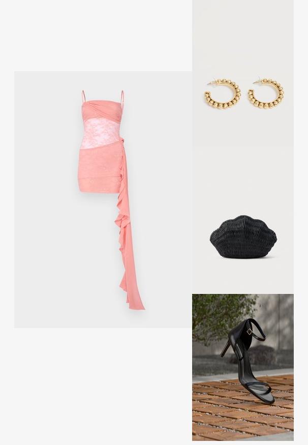 Rosa Cocktailkleid mit tailliertem Oberteil, Raffung, Spitzenakzenten, Spaghettiträgern und einem drapierten Volantdetail auf einer Seite.; Schwarze Sandalette mit hohem Absatz und Knöchelriemen schwebt über einem Holzboden im Freien vor verschwommenem Grün und Steinhintergrund.; Schwarze Korbtasche in Muschelform mit gebogenem Oberteil und gewebter Textur auf einfarbigem Hintergrund.; Paar goldfarbene Creolen mit abgerundeten Perlendetails entlang des äußeren Randes auf hellem Hintergrund.