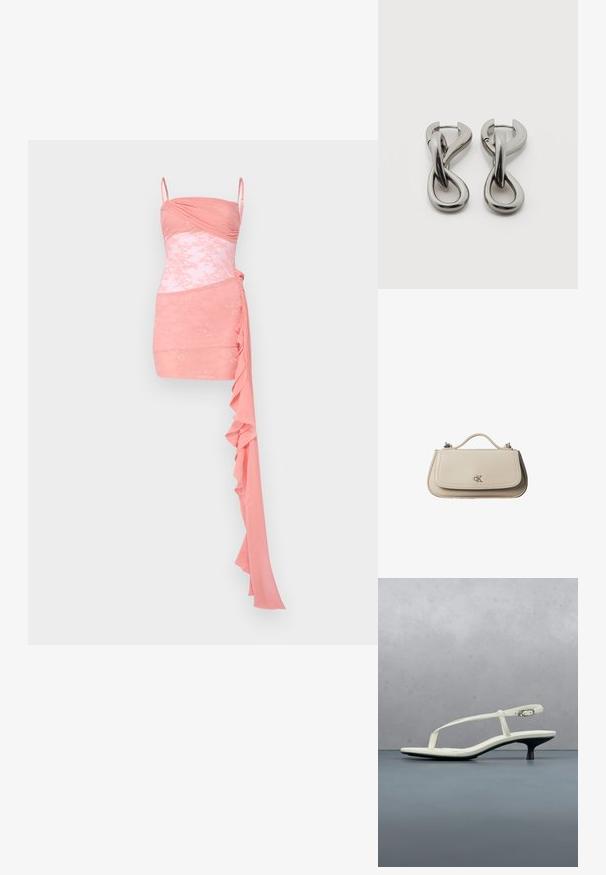Rosa Cocktailkleid mit tailliertem Oberteil, Raffung, Spitzenakzenten, Spaghettiträgern und einem drapierten Volantdetail auf einer Seite.; Weiße Riemchenpantolette mit kitten heel und spitz zulaufender Zehenpartie, schwebt über einem Holzkachelboden im Freien mit verschwommenem Pflanzen- und Wandhintergrund.; Kleine beigefarbene Lederhandtasche mit oberem Griff und silbernem CK-Logo auf der Frontklappe, vor weißem Hintergrund dargestellt.; Paar silberfarbene Metallohrringe mit abstraktem ineinandergreifendem Schlaufen-Design auf weißem Hintergrund.