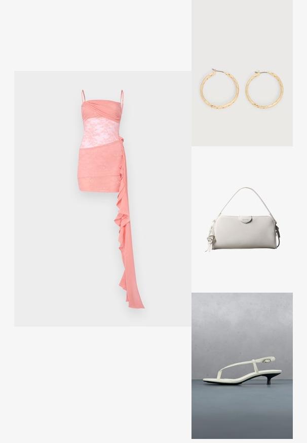 Rosa Cocktailkleid mit tailliertem Oberteil, Raffung, Spitzenakzenten, Spaghettiträgern und einem drapierten Volantdetail auf einer Seite.; Weiße Riemchenpantolette mit kitten heel und spitz zulaufender Zehenpartie, schwebt über einem Holzkachelboden im Freien mit verschwommenem Pflanzen- und Wandhintergrund.; Weiße rechteckige Calvin Klein Handtasche mit einem einzelnen Henkel, minimalistischem Design und dekorativen Quasten mit geometrischem Metallanhänger an der Seite.; Paar goldfarbene, strukturierte Creolen mit dünnen Stegen vor weißem Hintergrund.