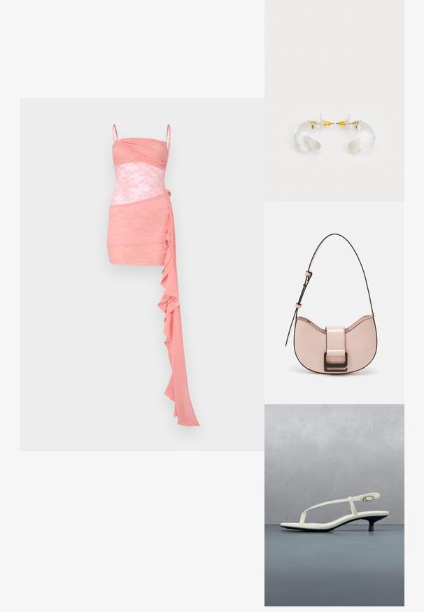 Rosa Cocktailkleid mit tailliertem Oberteil, Raffung, Spitzenakzenten, Spaghettiträgern und einem drapierten Volantdetail auf einer Seite.; Weiße Riemchenpantolette mit kitten heel und spitz zulaufender Zehenpartie, schwebt über einem Holzkachelboden im Freien mit verschwommenem Pflanzen- und Wandhintergrund.; Kleine, geschwungene Handtasche aus pinkem Leder mit glänzender Oberfläche, ausgestattet mit einem schwarzen Akzentgurt und einem großen schwarzen Verschluss. Crossbody-Design.; Klare Acryl-Ohrringe in Hoop-Form mit goldenen Akzenten, die ein geschwungenes Design und einen transparenten Verschluss aufweisen. Glatte Textur, minimalistischer Stil.