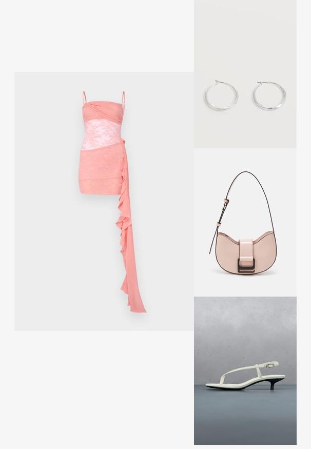 Rosa Cocktailkleid mit tailliertem Oberteil, Raffung, Spitzenakzenten, Spaghettiträgern und einem drapierten Volantdetail auf einer Seite.; Weiße Riemchenpantolette mit kitten heel und spitz zulaufender Zehenpartie, schwebt über einem Holzkachelboden im Freien mit verschwommenem Pflanzen- und Wandhintergrund.; Kleine, geschwungene Handtasche aus pinkem Leder mit glänzender Oberfläche, ausgestattet mit einem schwarzen Akzentgurt und einem großen schwarzen Verschluss. Crossbody-Design.; Silberne Metallcreolen mit glatter, leicht gebogener Oberfläche und Klappverschluss vor schlicht weißem Hintergrund.