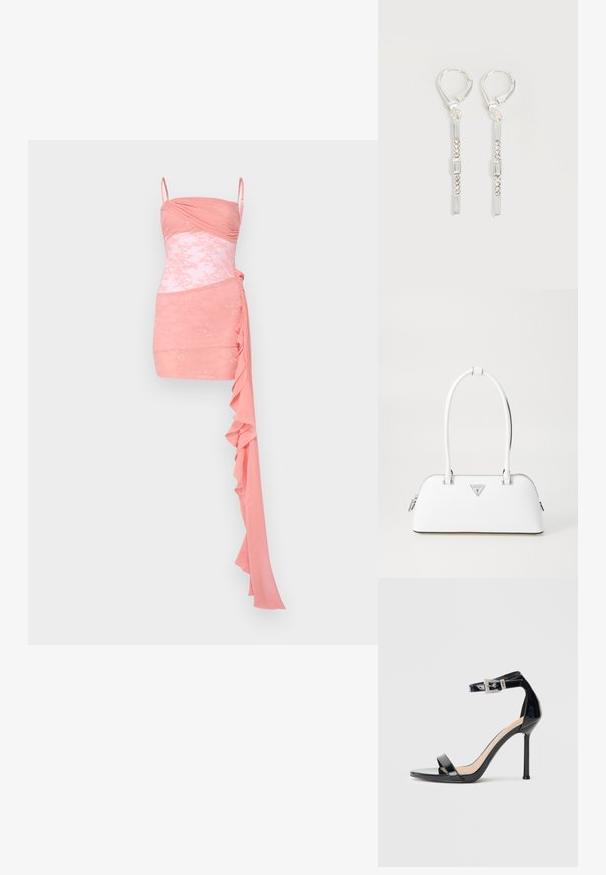 Vaaleanpunainen cocktail-mekko, jossa on muotoiltu bodice, rypytys, pitsikoristeet, spagettiolkaimet ja drapattu frilla yhdellä puolella.; Musta kiiltävä nahkainen korkokengän sandaali, jossa nilkkahihna. Siinä on minimalistinen muotoilu, avoin varvas ja strassikoristeltu solki.; Valkoinen nahkalaukku, jossa on kaareva muoto, hopeinen kolmion muotoinen logo ja vetoketjukiinnitys. Liukas pinta ja kaksinkertaiset kahvat.; Hopeiset roikkuvat korvakorut, joissa suorakaiteen ja pyöreän muotoiset kirkkaat kristallit pystysuorassa rivissä, kiinnitetty vipukelkkalukolla.