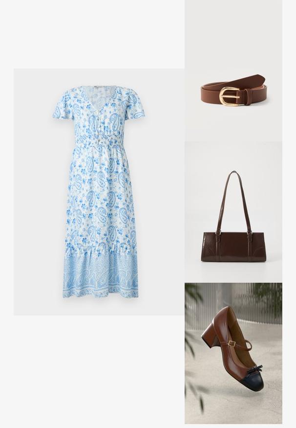 Blauwe maxi-jurk met paisleyprint, korte puffmouwen, V-hals, elastische tailleband en een gerimpelde zoom. De stof heeft bloemenmotieven.; Bruine leren Mary Jane hak met zwarte neuskap, zwart strikje, gouden gespsluiting en blokhak op lichte, gestructureerde vloer.; Bruine lakleren handtas met een rechthoekige vorm, twee lange handvatten en subtiele gebogen accenten aan de voorkant.; Bruine leren riem met gouden afgeronde gesp, opgerold en liggend op een witte ondergrond.