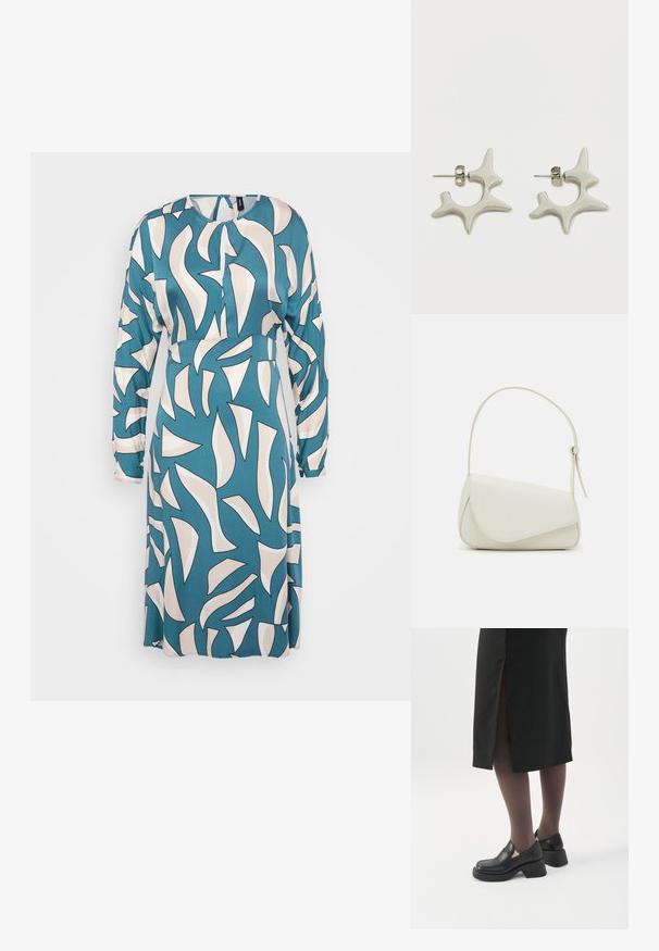 Vestido teal con un patrón abstracto en crema, mangas largas, escote redondo y cintura entallada. Hecho de una tela ligera, de textura suave.; Mujer con mocasines negros de tacón grueso, medias negras transparentes y una falda negra con una abertura trasera sobre un fondo blanco.; Bolso de mano de imitación cuero blanco con una forma triangular estructurada, correa ajustable única y cierre con solapa acentuada en curva.; Pendientes plateados con un diseño distintivo y abstracto, con formas irregulares y acabado brillante. Incluyen cierre de tuerca para su sujeción.