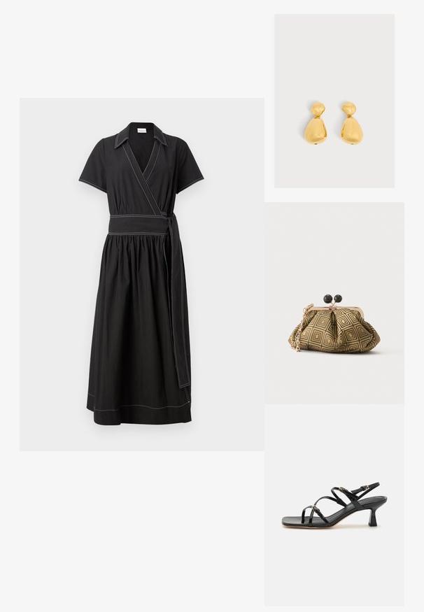 Robe noire portefeuille à manches courtes, avec un col et une large ceinture à nouer. Présente des coutures blanches contrastantes et une jupe froncée.; Sandales à strapes en cuir verni noir avec un bout carré et un petit talon carré. Présente des accessoires en métal doré et des brides de cheville réglables.; Petite pochette avec motif géométrique doré et noir, cadre en métal doré, fermeture à boule noire et une courte chaîne dorée.; Paire de boucles d'oreilles dorées brillantes en forme de goutte, avec une petite pièce arrondie en haut reliée à une pièce plus grande en forme de poire en bas.