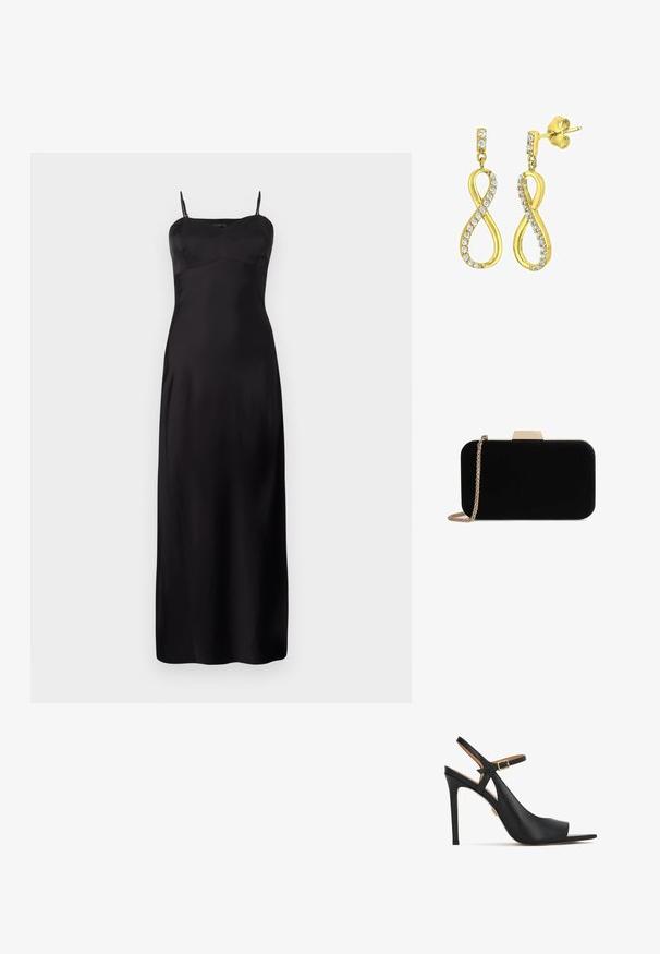 Vestido de satén negro tipo túnica con tirantes finos, que presenta un cuerpo ajustado, silueta en A y un diseño hasta el suelo. Textura suave.; Zapatos de tacón alto con tira trasera en cuero negro, punta puntiaguda, correa ajustable en el tobillo y hebilla dorada. Textura suave y silueta elegante.; Clutch de terciopelo negro con herrajes en tono dorado, de forma rectangular y con correa de cadena, que presenta una textura suave y sin patrones visibles.; Pendientes en tono dorado con forma de símbolo de infinito estilizado, adornados con cristales transparentes de corte redondo a lo largo de los bordes. Cierre a presión.