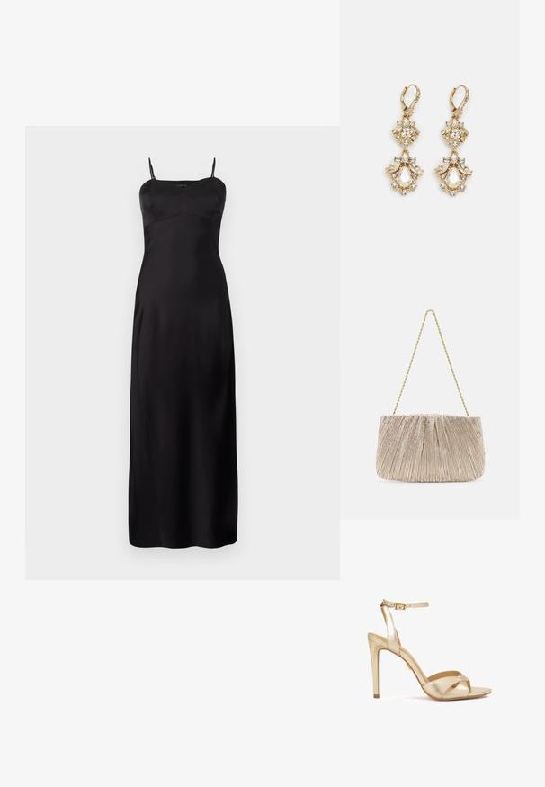 Vestido de satén negro tipo túnica con tirantes finos, que presenta un cuerpo ajustado, silueta en A y un diseño hasta el suelo. Textura suave.; Sandalia de tacón stiletto metálica dorada con una correa en el tobillo, punta abierta, diseño cruzado en la parte frontal y una textura suave.; Bolso de mano de tejido metálico plisado con cadena dorada, forma rectangular suave, color beige claro, superficie texturizada y detalles fruncidos.; Pendientes colgantes en tono dorado con un diseño de racimo que incluye cristales claros en forma redonda y de lágrima, mostrando un detallado intrincado.