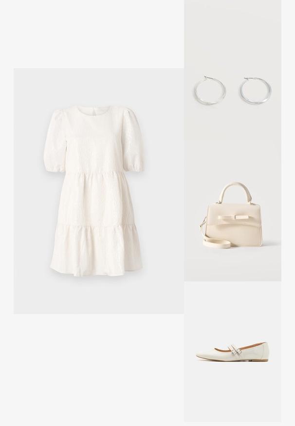 Vestido blanco texturizado con cuello redondo, mangas cortas abullonadas y un bajo con volantes en capas. Presenta un detalle de cierre en la parte posterior.; Bailarinas de charol blanco con punta afilada, dos tiras decorativas con hebillas plateadas y una plantilla sutilmente marrón.; Pequeño bolso beige con asa superior, correa desmontable, solapa frontal y lazo decorativo horizontal sobre un fondo liso.; Pendientes de aro de metal plateado con superficie lisa y ligeramente curvada y cierre de tipo mosquetón sobre un fondo blanco liso.