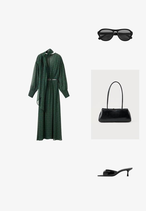 Largo vestido verde con un estampado floral, que presenta un lazo en el cuello, mangas voluminosas y un cinturón que acentúa la cintura. Hecho de tela ligera.; Mule de charol negro con puntera cuadrada y tacón bajo tipo «kitten», parte trasera abierta y diseño sin cierre.; Gafas de sol con montura de plástico negra, lentes tintadas oscuras y puente estrecho, mostradas de frente sobre un fondo blanco.; Bolso de hombro rectangular negro con correas largas y delgadas y una textura lisa y brillante sobre un fondo liso.