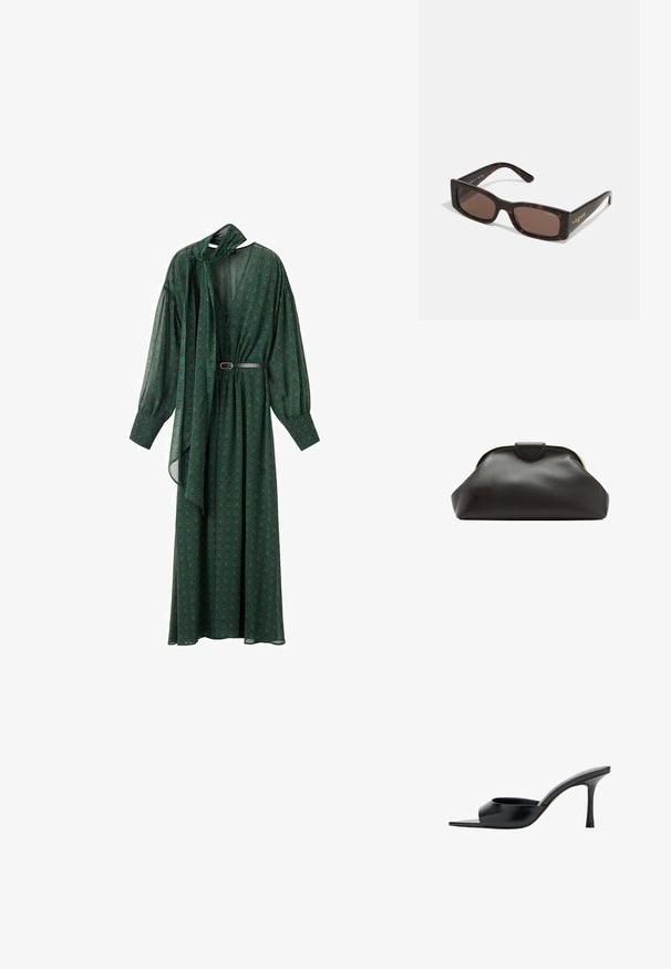 Largo vestido verde con un estampado floral, que presenta un lazo en el cuello, mangas voluminosas y un cinturón que acentúa la cintura. Hecho de tela ligera.; Mule negro de punta abierta con tacón alto de stilettos delgado y una amplia sola tira en la parte delantera.; Gafas de sol tortuga marrón con montura rectangular. Presentan lentes oscuros y el logo "vogue" embellecido en dorado en la patilla.; Bolso de mano de cuero negro suave con un marco redondeado y un pequeño cierre en la parte superior central.