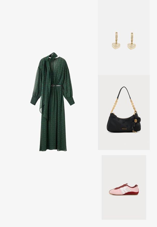 Largo vestido verde con un estampado floral, que presenta un lazo en el cuello, mangas voluminosas y un cinturón que acentúa la cintura. Hecho de tela ligera.; Zapatilla deportiva rosa y burdeos con detalle lateral blanco, texto "Marc Jacobs" en blanco, suela de goma y cierre de cordones, mostrada de perfil sobre un fondo liso.; Bolso de hombro negro Michael Kors con correa de cadena dorada, cremallera dorada y un colgante de flor negra con el logo dorado MK.; Pendientes de oro con colgantes en forma de corazón adornados con cristales claros, unidos a cierres de aro. Superficie de metal lisa con un acabado brillante.