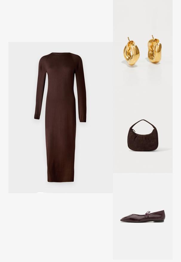 Braunes, langärmliges Strickkleid mit Rundhalsausschnitt und taillierter Silhouette, das bis zur Mitte der Waden reicht. Weiche, glatte Textur mit minimalen Details.; Ballerinas aus bordeauxrotem Lackleder mit einer spitzen Zehenform und einem dekorativen lila Bogen auf dem Blatt; flaches Sohlen-Design.; Dunkelbraune Wildlederhandtasche mit kurzem Riemen und abgerundeter rechteckiger Form auf einem einfarbigen hellen Hintergrund.; Fette goldene Creolen mit einem leicht verdrehten, röhrenförmigen Design und Steckverschlüssen auf einem weißen Hintergrund.