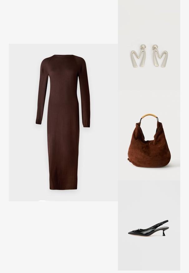 Brun, langærmet strikket kjole med rund halsudskæring og tætsiddende silhuet, der strækker sig til midten af læggen. Blød, glat tekstur med minimal detaljering.; Sorte slingback-stiletter i laklæder med spids tå, tekstureret overflade og en lille hæl. Indersiden har en mønstret foring med tekst.; Brun ruskind hobo taske med enkelt gyldent metalhåndtag og blød, slasket form mod en ensfarvet baggrund.; Par sølvtonede metaleøreringe formet som den kantede bogstav M med runde fester på en hvid baggrund.